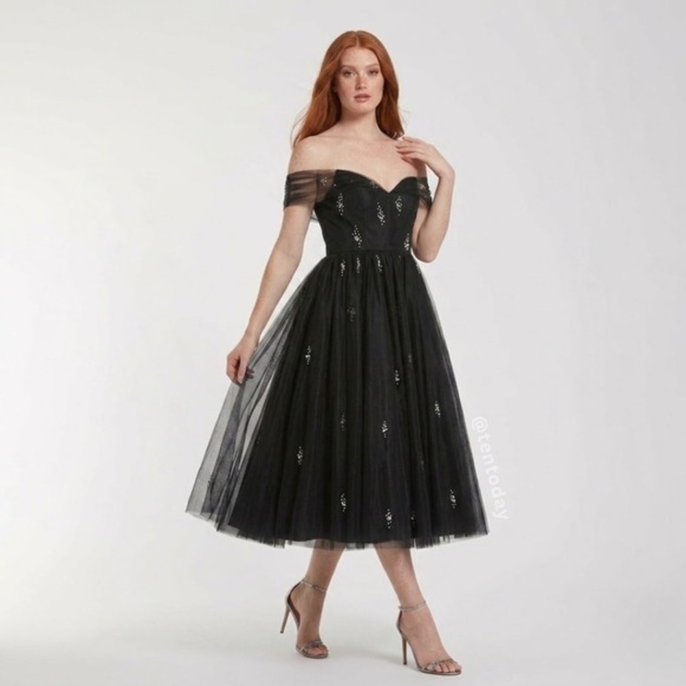 Mac Duggal Size 6 Black Off The Shoulder Pearl Tulle Cocktail Midi Dress Gown